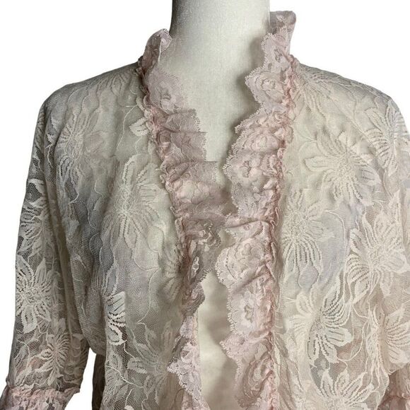 Vintage Floras Follies Lace Robe Bed Jacket S Pink Floral Open Front Ruffles - Picture 2 of 6
